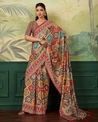 Maroon color digital print with mirror work crep silk saree with blouse 1