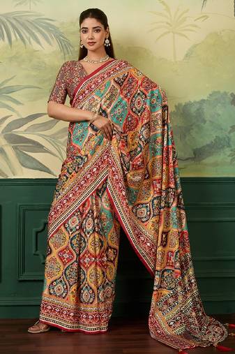 maroon color digital print with mirror work crep saree with blouse