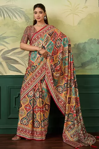 maroon color digital print with mirror work crep saree with blouse