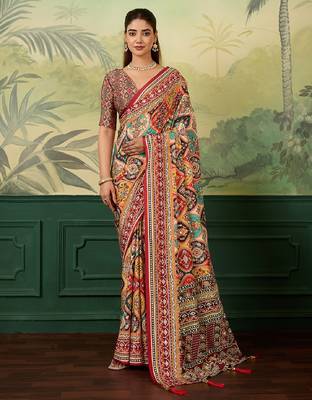 Maroon color digital print with mirror work crep silk saree with blouse 2