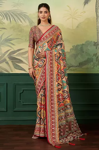 maroon color digital print with mirror work crep saree with blouse
