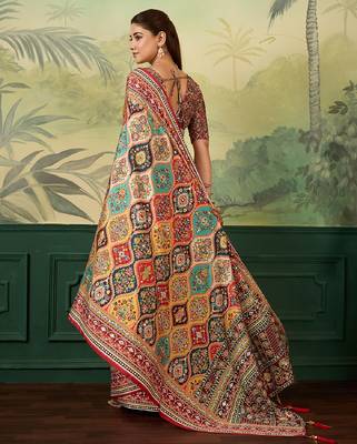 Maroon color digital print with mirror work crep silk saree with blouse 4