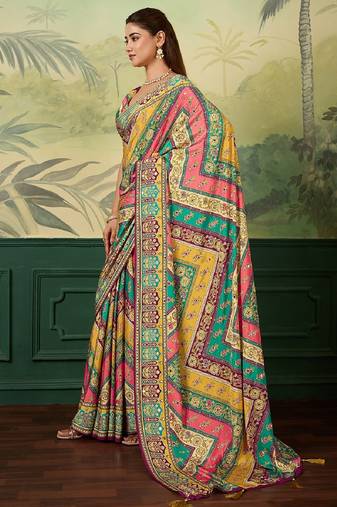wine color digital print with mirror work crep saree with blouse