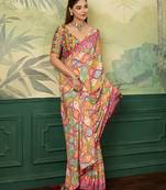 rani pink color digital print with mirror work crep saree with blouse
