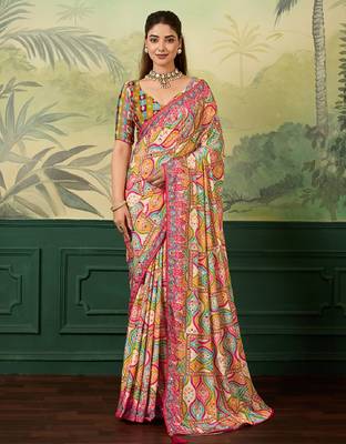 rani pink color digital print with mirror work crep saree with blouse 2