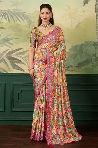 rani pink color digital print with mirror work crep saree with blouse