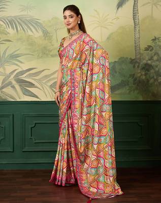 rani pink color digital print with mirror work crep saree with blouse 3