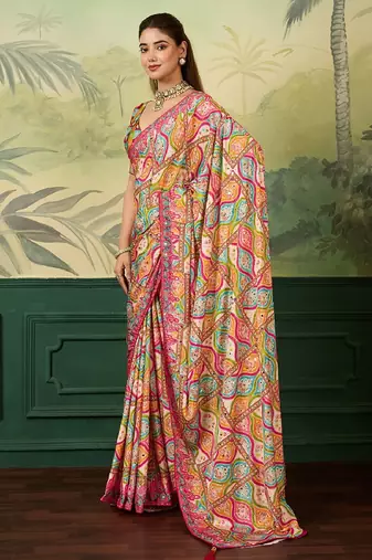 rani pink color digital print with mirror work crep saree with blouse