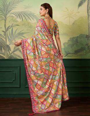 rani pink color digital print with mirror work crep saree with blouse 4