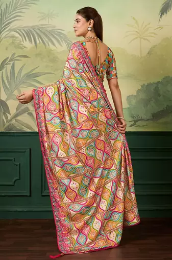 rani pink color digital print with mirror work crep saree with blouse