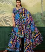 blue color digital print with mirror work crep saree with blouse