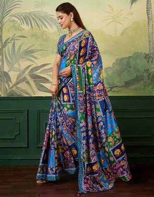 blue color digital print with mirror work crep saree with blouse 3
