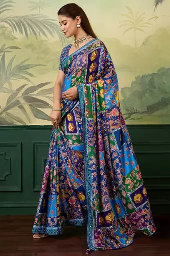 blue color digital print with mirror work crep saree with blouse