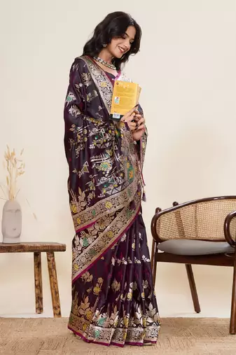 wine color embroidery with zari work satin saree with blouse