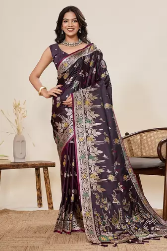 wine color embroidery with zari work satin saree with blouse