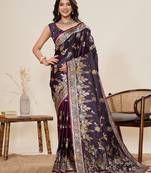 wine color embroidery with zari work satin saree with blouse