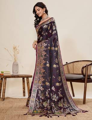 wine color embroidery with zari work satin saree with blouse 3