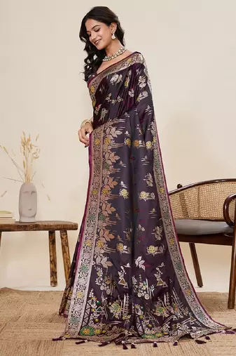 wine color embroidery with zari work satin saree with blouse