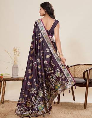 wine color embroidery with zari work satin saree with blouse 4