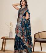 navy blue color embroidery with zari work satin saree with blouse