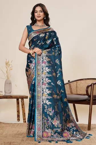 navy blue color embroidery with zari work satin saree with blouse
