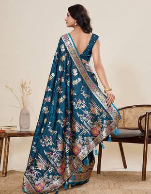 navy blue color embroidery with zari work satin saree with blouse 4
