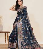 teal blue color embroidery with zari work satin saree with blouse