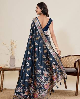 teal blue color embroidery with zari work satin saree with blouse 4