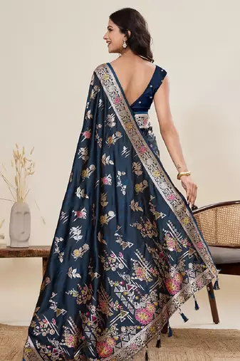teal blue color embroidery with zari work satin saree with blouse