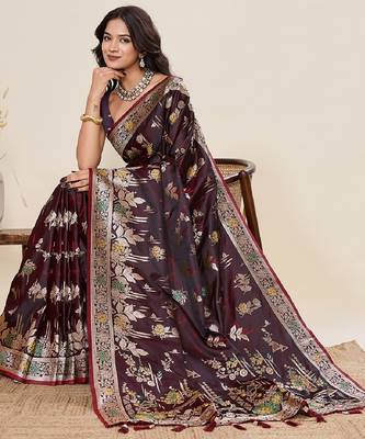 wine color embroidery with zari work satin saree with blouse 1