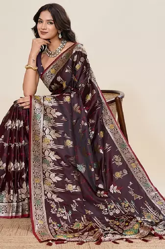 wine color embroidery with zari work satin saree with blouse
