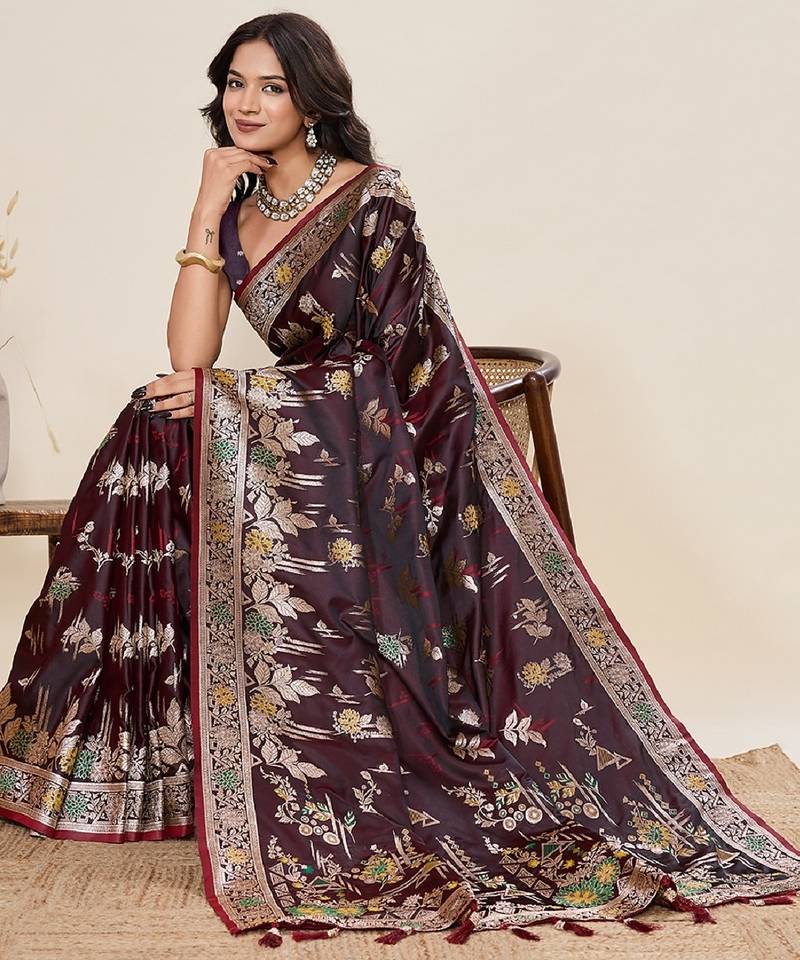 wine color embroidery with zari work satin saree with blouse