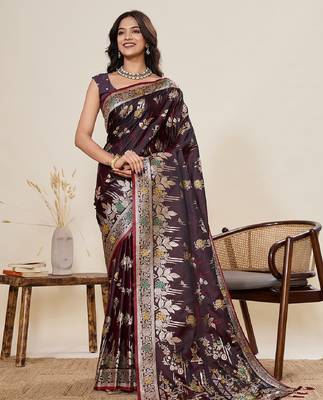 wine color embroidery with zari work satin saree with blouse 2