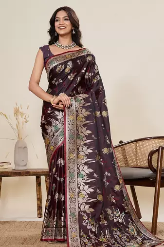 wine color embroidery with zari work satin saree with blouse
