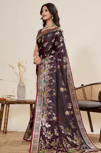 wine color embroidery with zari work satin saree with blouse