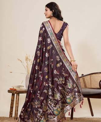 wine color embroidery with zari work satin saree with blouse 4