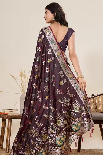wine color embroidery with zari work satin saree with blouse