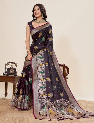 maroon color embroidery with zari work satin saree with blouse 1