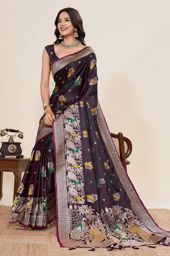 maroon color embroidery with zari work satin saree with blouse
