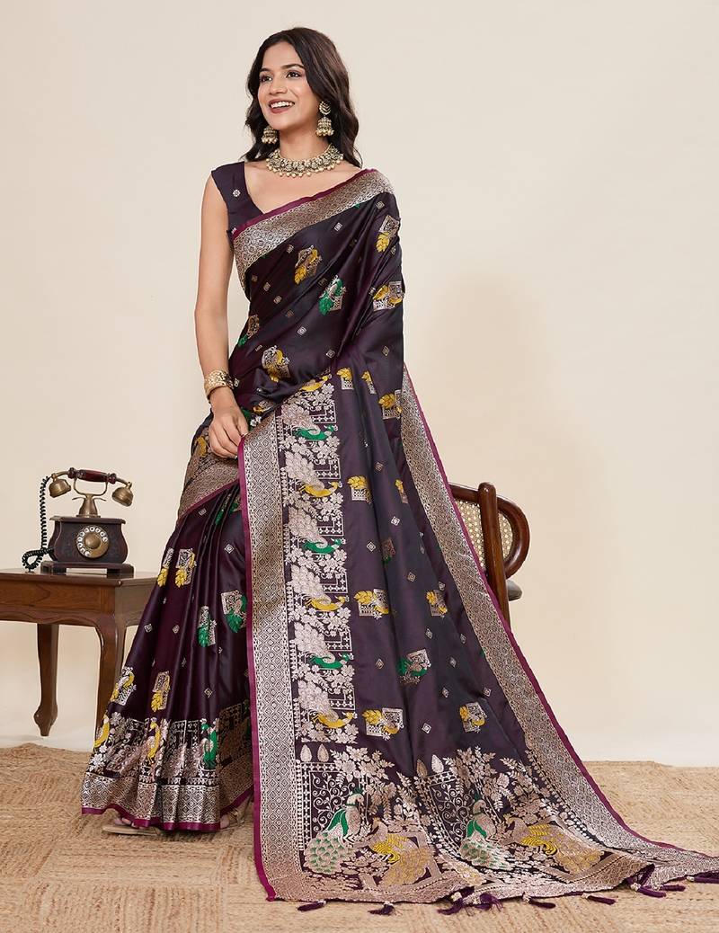 maroon color embroidery with zari work satin saree with blouse