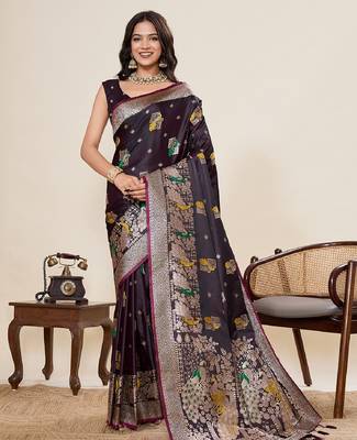 maroon color embroidery with zari work satin saree with blouse 2