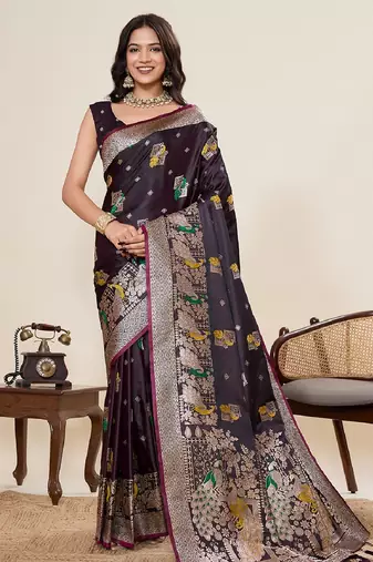 maroon color embroidery with zari work satin saree with blouse