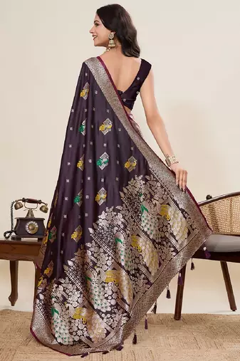 maroon color embroidery with zari work satin saree with blouse