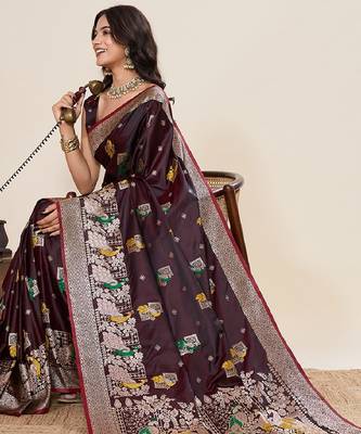 red embroidery with zari work sartin saree with blouse 1