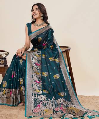 teal blue color embroidery with zari work satin saree with blouse 1
