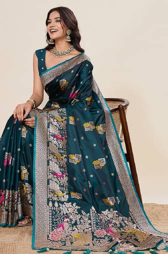 teal blue color embroidery with zari work satin saree with blouse