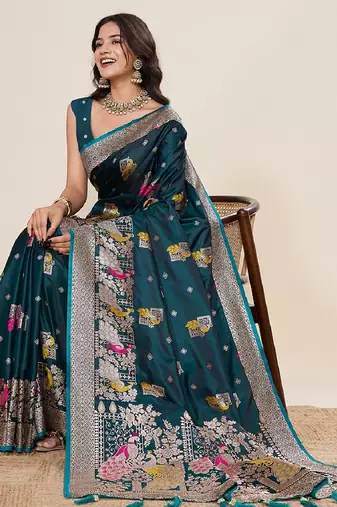 teal blue color embroidery with zari work satin saree with blouse