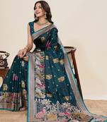 teal blue color embroidery with zari work satin saree with blouse