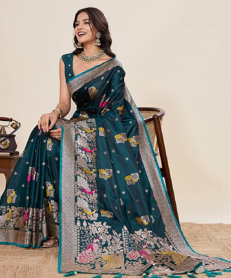 teal blue color embroidery with zari work satin saree with blouse