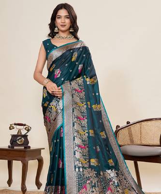 teal blue color embroidery with zari work satin saree with blouse 2